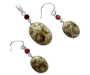 Flower Fossil Coral and Garnet Pendant Earrings Set EXT01655 T-1010, 15x21 mm