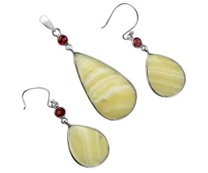 Yellow Aragonite and Garnet Pendant Earrings Set EXT01656 T-1010, 18x33 mm