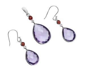 Amethyst Checker Briolette and Garnet Pendant Earrings Set EXT01658 T-1010, 16x21 mm