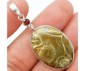 Flower Fossil Coral and Garnet Pendant Earrings Set EXT01662 T-1010, 20x28 mm