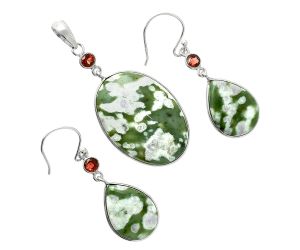 Peace Jade and Garnet Pendant Earrings Set EXT01665 T-1010, 21x29 mm