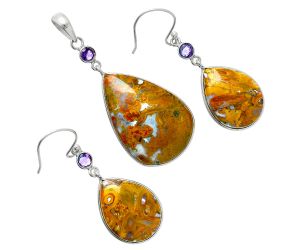 Red Palm Root Agate and Amethyst Pendant Earrings Set EXT01669 T-1010, 20x29 mm