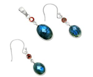 Blue Labradorite Checker and Garnet Pendant Earrings Set EXT01679 T-1010, 10x14 mm