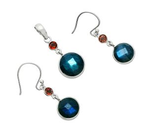 Blue Labradorite Checker and Garnet Pendant Earrings Set EXT01680 T-1010, 12x12 mm