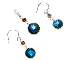 Blue Labradorite Checker and Garnet Pendant Earrings Set EXT01681 T-1010, 12x12 mm