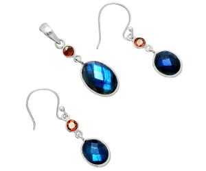 Blue Labradorite Checker and Garnet Pendant Earrings Set EXT01682 T-1010, 10x14 mm