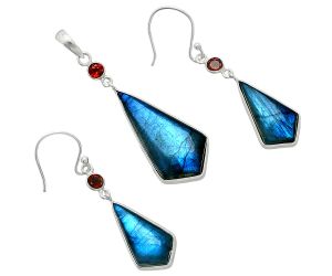 Blue Labradorite and Garnet Pendant Earrings Set EXT01683 T-1010, 15x29 mm