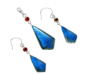 Blue Labradorite and Garnet Pendant Earrings Set EXT01684 T-1010, 11x19 mm