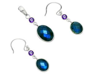 Blue Labradorite Checker and Amethyst Pendant Earrings Set EXT01685 T-1010, 10x14 mm