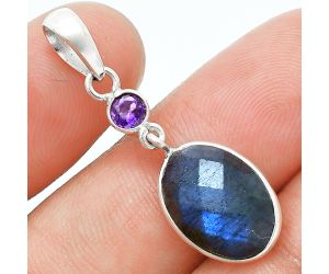 Blue Labradorite Checker and Amethyst Pendant Earrings Set EXT01685 T-1010, 10x14 mm