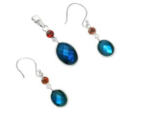 Blue Labradorite Checker and Garnet Pendant Earrings Set EXT01686 T-1010, 10x14 mm