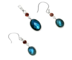 Blue Labradorite Checker and Garnet Pendant Earrings Set EXT01687 T-1010, 10x14 mm