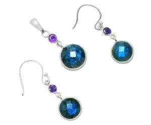 Blue Labradorite Checker and Amethyst Pendant Earrings Set EXT01688 T-1010, 12x12 mm