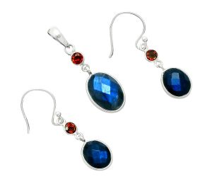 Blue Labradorite Checker and Garnet Pendant Earrings Set EXT01689 T-1010, 10x14 mm