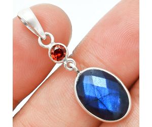 Blue Labradorite Checker and Garnet Pendant Earrings Set EXT01689 T-1010, 10x14 mm