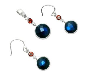 Blue Labradorite Checker and Garnet Pendant Earrings Set EXT01690 T-1010, 12x12 mm