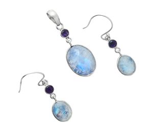 Rainbow Moonstone Checker and Amethyst Pendant Earrings Set EXT01701 T-1010, 12x16 mm