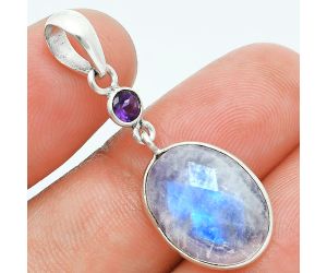 Rainbow Moonstone Checker and Amethyst Pendant Earrings Set EXT01701 T-1010, 12x16 mm