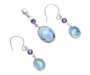 Rainbow Moonstone Checker and Amethyst Pendant Earrings Set EXT01702 T-1010, 12x16 mm