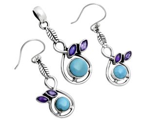 Sleeping Beauty Turquoise and Amethyst Pendant Earrings Set EXT01765 T-1013, 6x6 mm