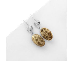 Celtic - Natural Flower Fossil Coral Earrings SDE66484 E-1213, 15x24 mm