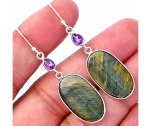 Blue Tiger Eye and Amethyst Earrings SDE80592 E-1002, 13x23 mm