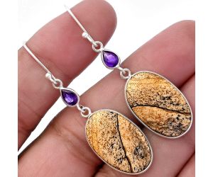 Picture Jasper and Amethyst Earrings SDE80869 E-1002, 14x22 mm