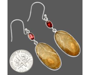 Flower Fossil Coral and Garnet Earrings SDE82194 E-1002, 12x23 mm