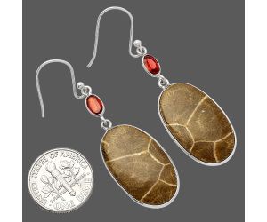 Flower Fossil Coral and Garnet Earrings SDE82200 E-1002, 15x25 mm