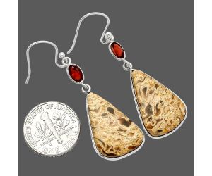 Palm Root Fossil Agate and Garnet Earrings SDE82267 E-1002, 14x22 mm