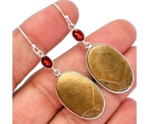 Flower Fossil Coral and Garnet Earrings SDE82276 E-1002, 16x24 mm