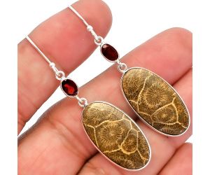 Flower Fossil Coral and Garnet Earrings SDE82279 E-1002, 13x25 mm