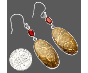 Flower Fossil Coral and Garnet Earrings SDE82279 E-1002, 13x25 mm