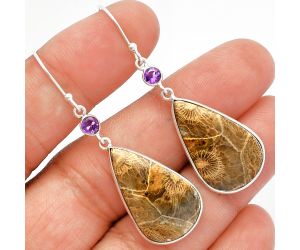 Flower Fossil Coral and Amethyst Earrings SDE82427 E-1002, 15x24 mm