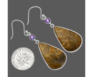 Flower Fossil Coral and Amethyst Earrings SDE82427 E-1002, 15x24 mm