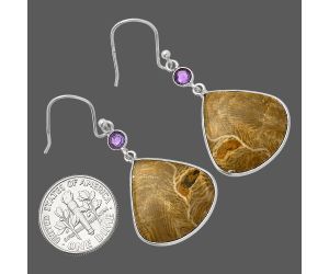 Flower Fossil Coral and Amethyst Earrings SDE82443 E-1002, 19x20 mm