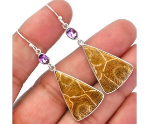 Flower Fossil Coral and Amethyst Earrings SDE82661 E-1002, 17x26 mm