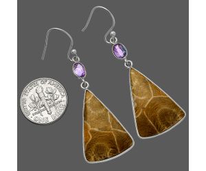 Flower Fossil Coral and Amethyst Earrings SDE82661 E-1002, 17x26 mm