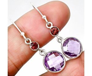 Amethyst Checker Briolette and Garnet Earrings SDE84986 E-1006, 10x10 mm