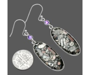 Crinoid Fossil Coral and Amethyst Earrings SDE85840 E-1002, 13x30 mm