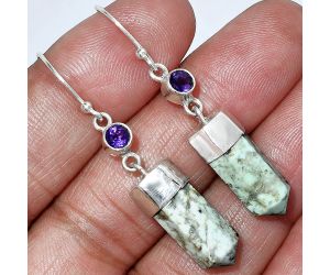 Point - Authentic White Buffalo Turquoise Nevada and Amethyst Earrings SDE86006 E-1135, 7x16 mm