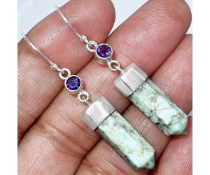 Point - Authentic White Buffalo Turquoise Nevada and Amethyst Earrings SDE86007 E-1135, 17x20 mm