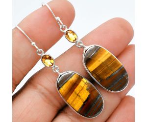 Tiger Eye and Citrine Earrings SDE88555 E-1002, 14x24 mm