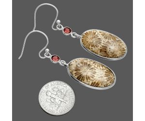 Flower Fossil Coral and Garnet Earrings SDE88602 E-1002, 13x23 mm