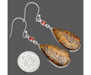 Coquina Fossil Jasper and Garnet Earrings SDE88611 E-1002, 14x26 mm