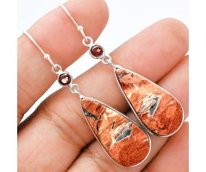 Snake Skin Jasper and Garnet Earrings SDE88612 E-1002, 13x27 mm