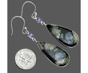 Llanite Blue Opal Crystal Sphere and Amethyst Earrings SDE88669 E-1002, 14x29 mm