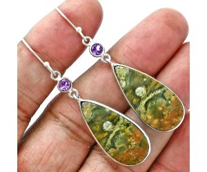 Rhyolite - Rainforest Jasper and Amethyst Earrings SDE88676 E-1002, 13x27 mm