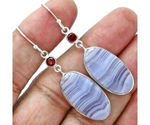 Blue Lace Agate and Garnet Earrings SDE88729 E-1002, 13x25 mm