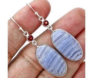 Blue Lace Agate and Garnet Earrings SDE88730 E-1002, 13x25 mm